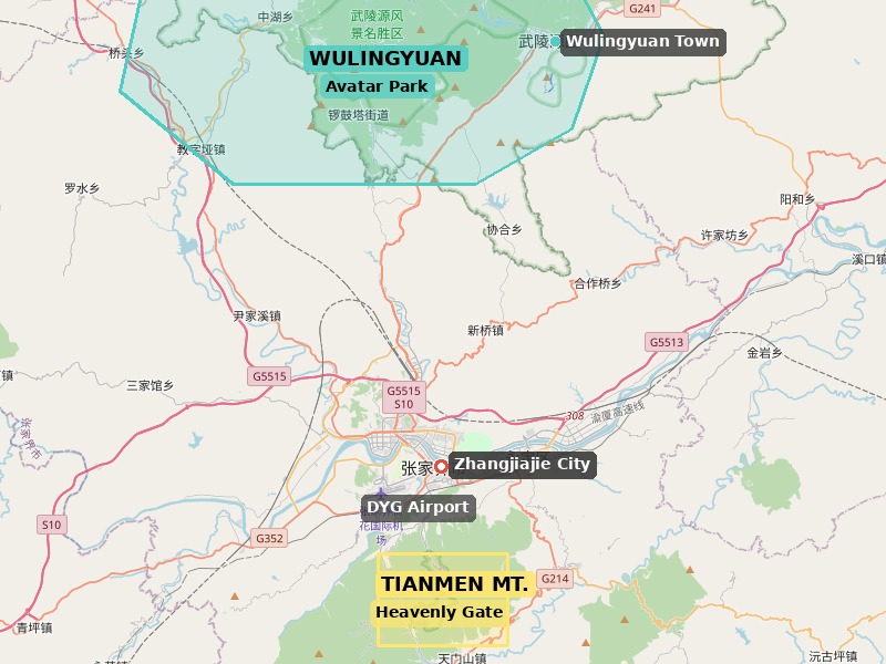 Расположение парка Аватар и горы Тяньмэнь на карте